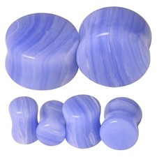 PAIR Blue Lace Agate Stone ORGANIC FLARED EAR PLUGS EARLET GAUGES SADDLE TUNNELS