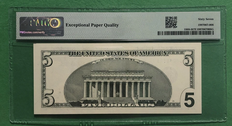 Super Rare Rich !!2001 $5 dollar Binary Almost Solid # Number 08888888 PMG#67 - Image 3 of 3