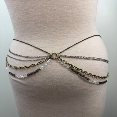 Bronze Multi-Chain White Glass Bead Waist Chain Belt