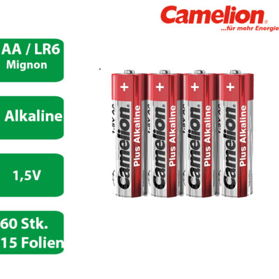 60 x Camelion LR6 AA Mignon Batterie PLus Alkaline 1,5V - 15 x 4er Folie 