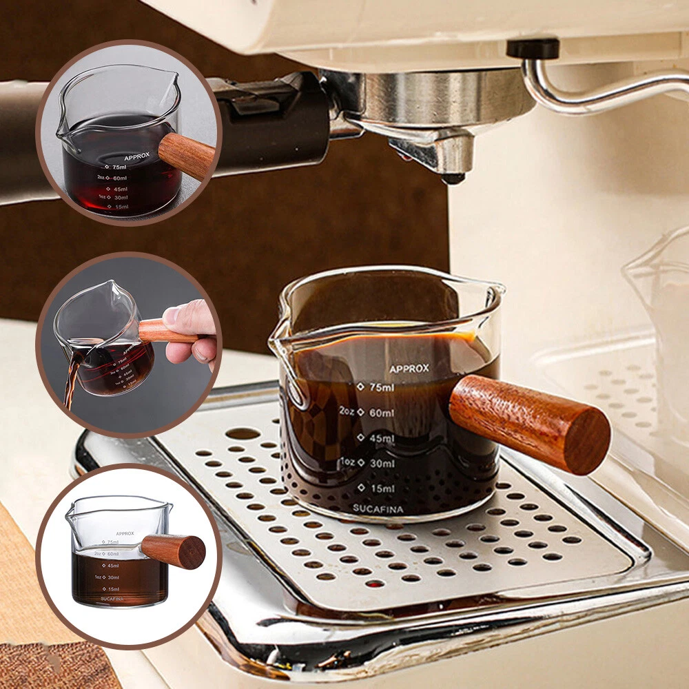 Single/Double Spout Glass Measure Cup, Wooden Handle Espresso