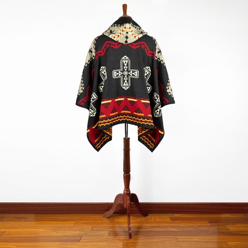 Harmony of Contrasts Hooded Cotton-Alpaca Poncho Aztec Geometric Accents - Picture 9 of 13