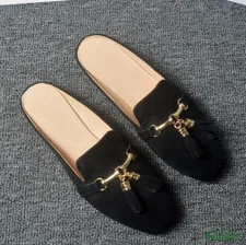 Womens Tassel Slip On Mules Summer Casual Slippers Flats Retro Square Toes Shoes