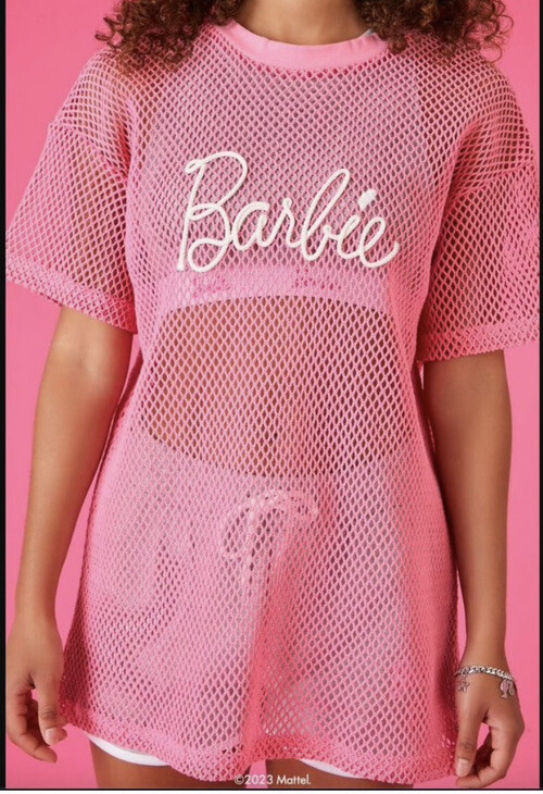 Barbie x forever 21 Pink Net Shirt Top Swim Cover Up Sporty