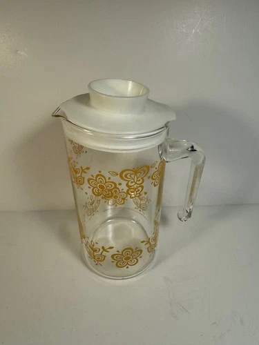 Vintage Pyrex Butterfly Gold Clear Glass Pitcher/Carafe Handle with stopper 8"
