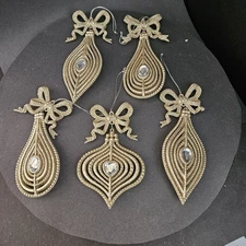 Christmas Ornament Bow Gold Snowflake Glitter Gem Drop Set Of 5