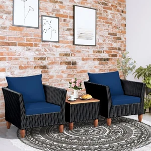 3PCS Patio Rattan Conversation Furniture Set Yard Outdoor w/ Navy Cushions