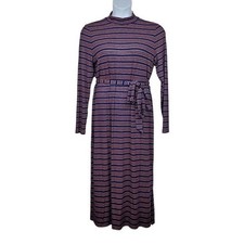 Loft Womens Long Sleeve Blue Orange Striped Ribbed Shimmer Midi Dress Size L NWT