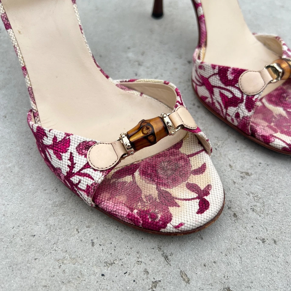 Gucci | Authentic Vintage Bamboo Bit Pink White Floral Pattern Ankle Strap (36) - Image 3 of 4