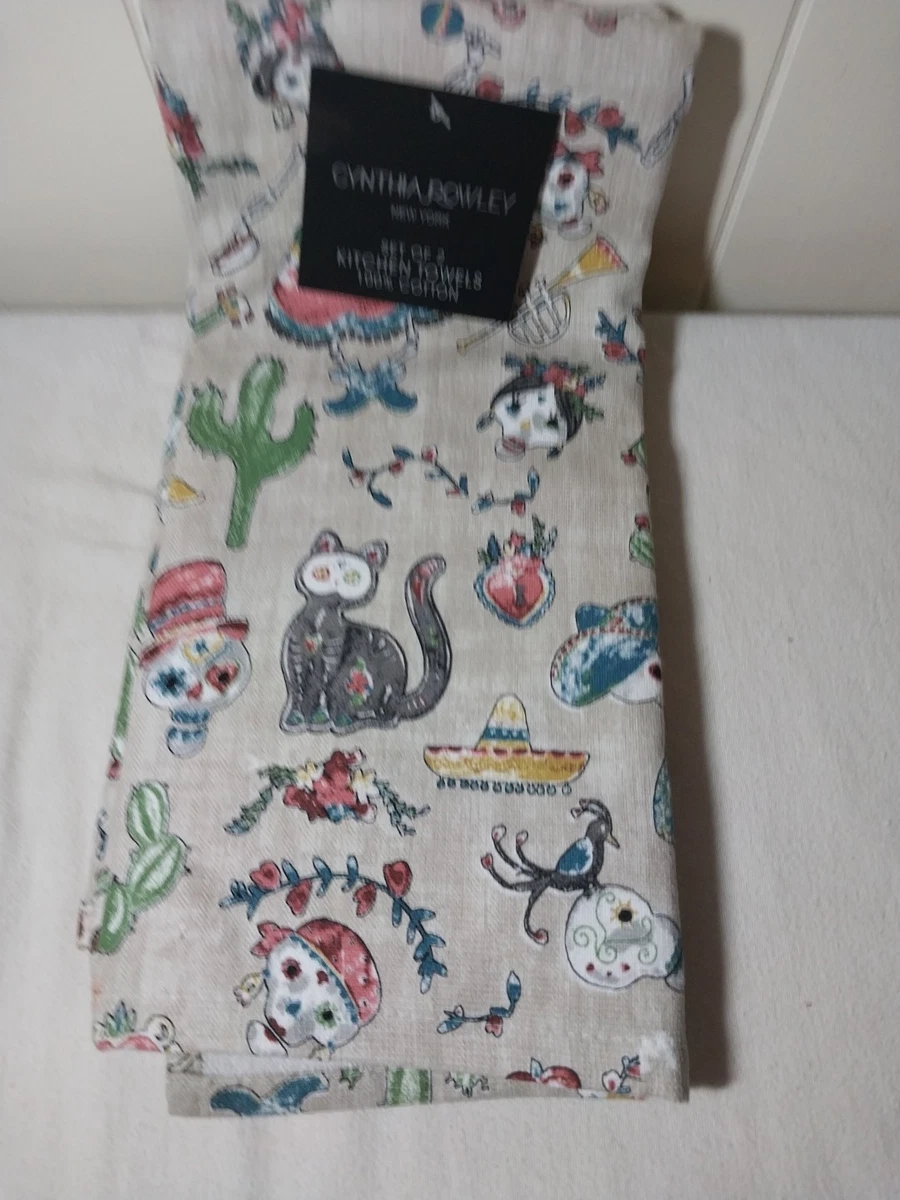 Lot De 2 Serviettes De Cuisine Cynthia Rowley 100% Coton - Motif Squelettes Et Os - Neuf Avec étiquettes