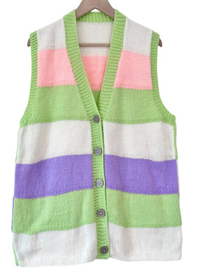 HANDGESTRICKTES Tanktop Größe 44 Brustumfang Pastell Gestreift Knopf Mohair Inhalt Trägershirt