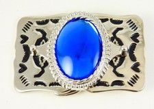 Blue Cobalt Glass 30x40 MM Rhodium Plated Belt Buckle Made In The USA