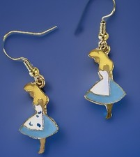 Blue Yellow Enamel Alice In Wonderland Dangle Earrings NWOT