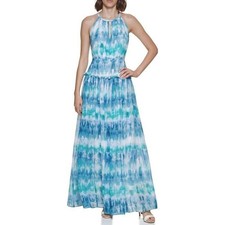 Calvin Klein Women's Beaded Necklace Tie Dye Sleeveless Print Gown Blue 6 229