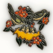 Vintage Suncatcher Birds Nest Branch Flowers Lead Metal Window Stained Glass