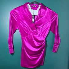 Fashion Nova Ara Velvet Mini Shirt Dress Magenta Pink Long Sleeve Wrap Small NWT
