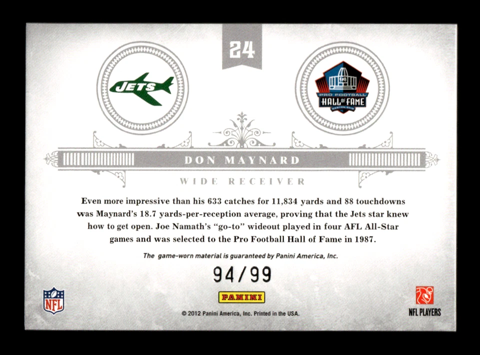 2012 Panini National Treasures Don Maynard #24 Emblems Of The Hall Relic /99 - Image 2 of 2