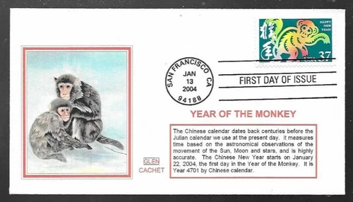 CHINESE NEW YEAR OF THE MONKEY YEAR 2004 GLEN  CACHET FDC UNADDDR