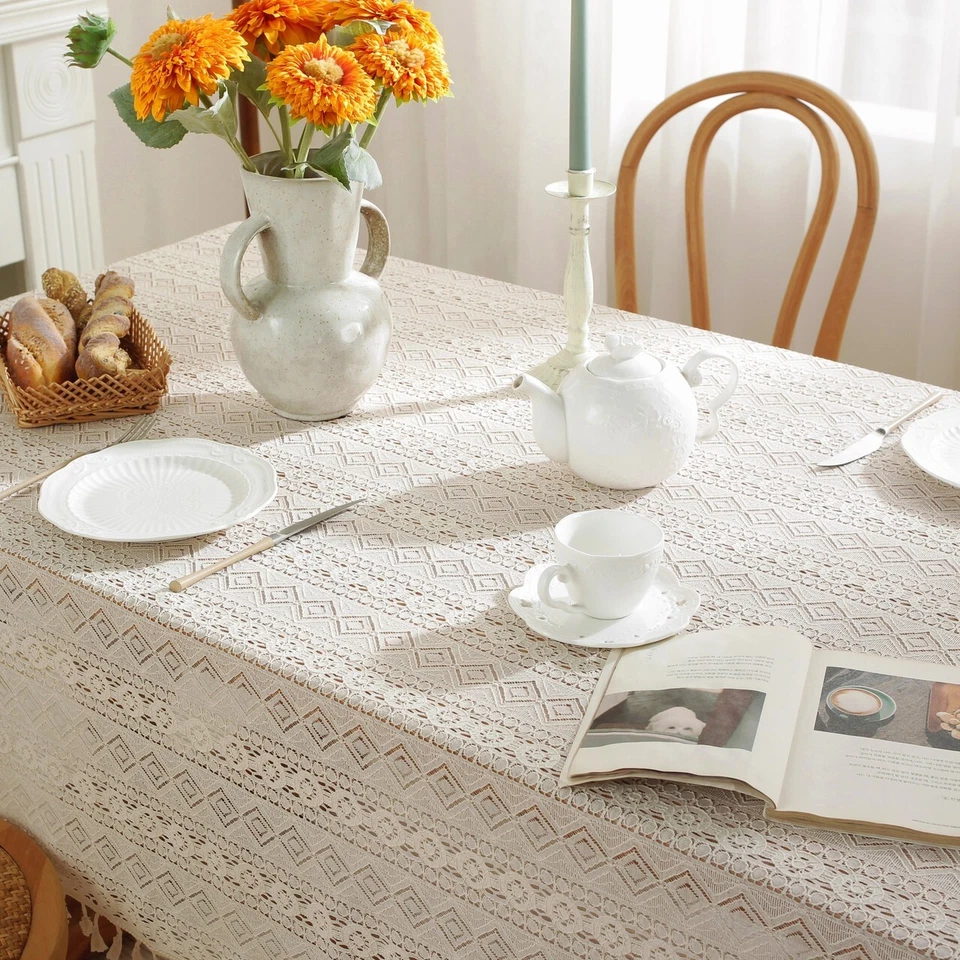 Enova Home High Quality Washable Wrinkle Free Lace Tablecloth with Tassel - Image 4 of 4
