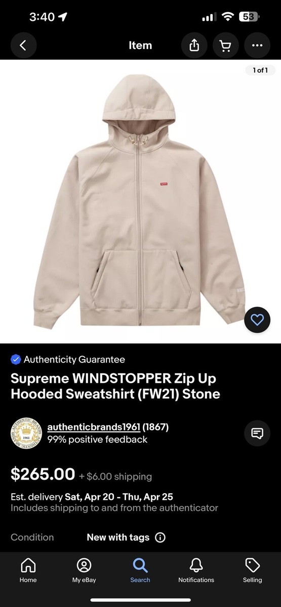Supreme WINDSTOPPER Zip Up Hooded Sweatshirt (FW21) Stone | eBay