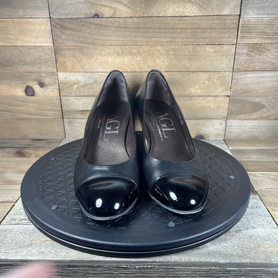 AGL Womens 38 EU/8 US Cap Toe Pumps Heels Nude Black Leather Patent Round Toe - Image 2 of 4
