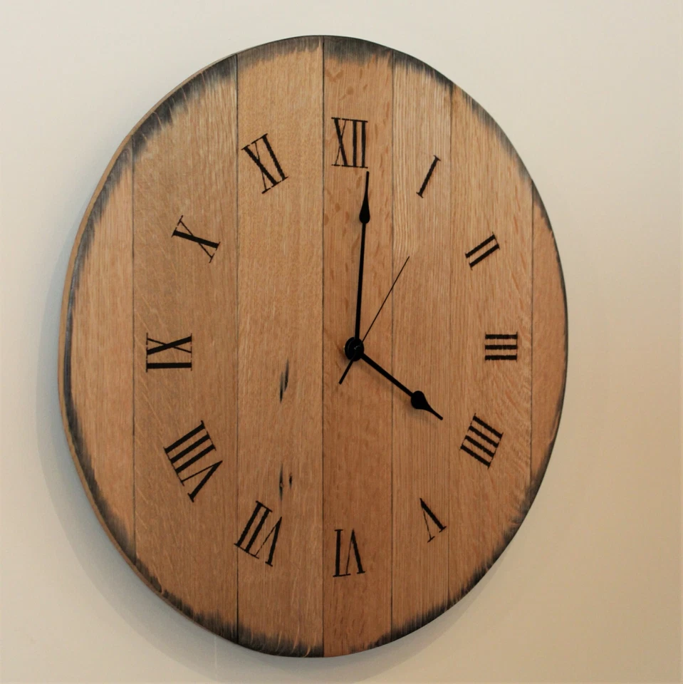 Handmade Rustic Oak Barrel Top Clock - Laser Engraved Roman Numerals  - Image 3 of 3