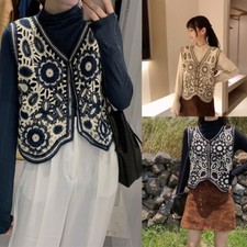 Women Crochet Sleeveless Sweater Vest Waistcoat Button Down Knit Floral Cardigan