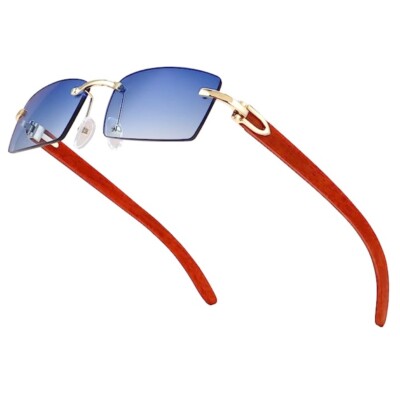 Gold Frame Rimless Woodgrain Mens Women's Trendy Blue Tinted Hip Hop Sunglasses
