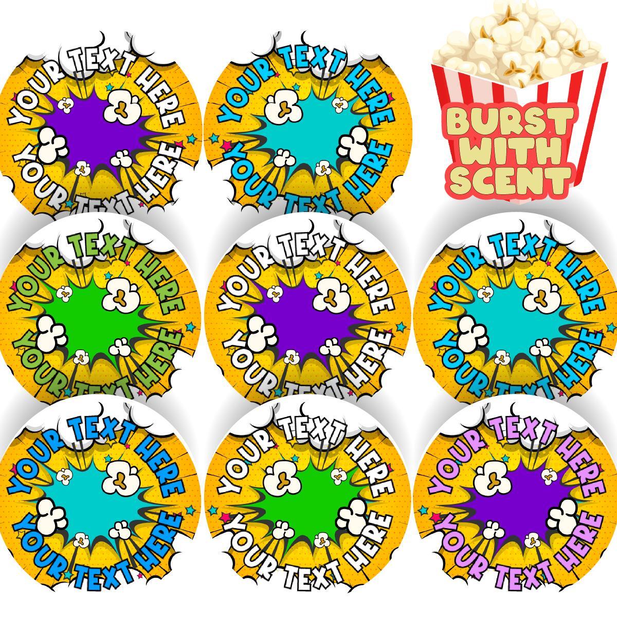 120 Popcorn POP! Scented Personalised Stickers - 30 mm - School Teachers Parents