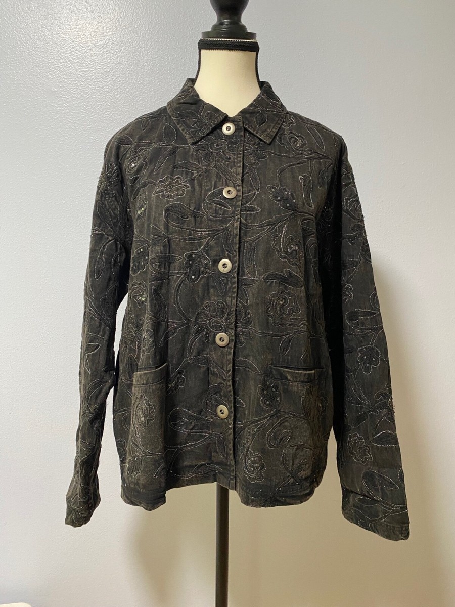 Vintage 90s 2000s Y2K CHICO'S Denim Embroidered Jacket