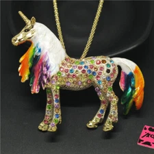 New Fashion Women Enamel Cute Colorful Unicorn Crystal Pendant Chain Necklace