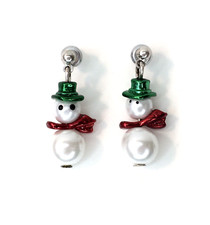 Faux Pearl Bead Snowman Earrings Dangle Drop Hook White Red Green