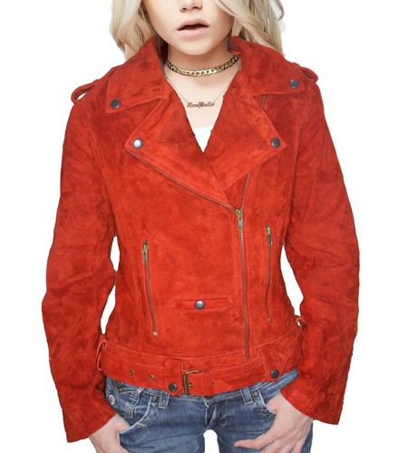 womens red suede biker jacket
