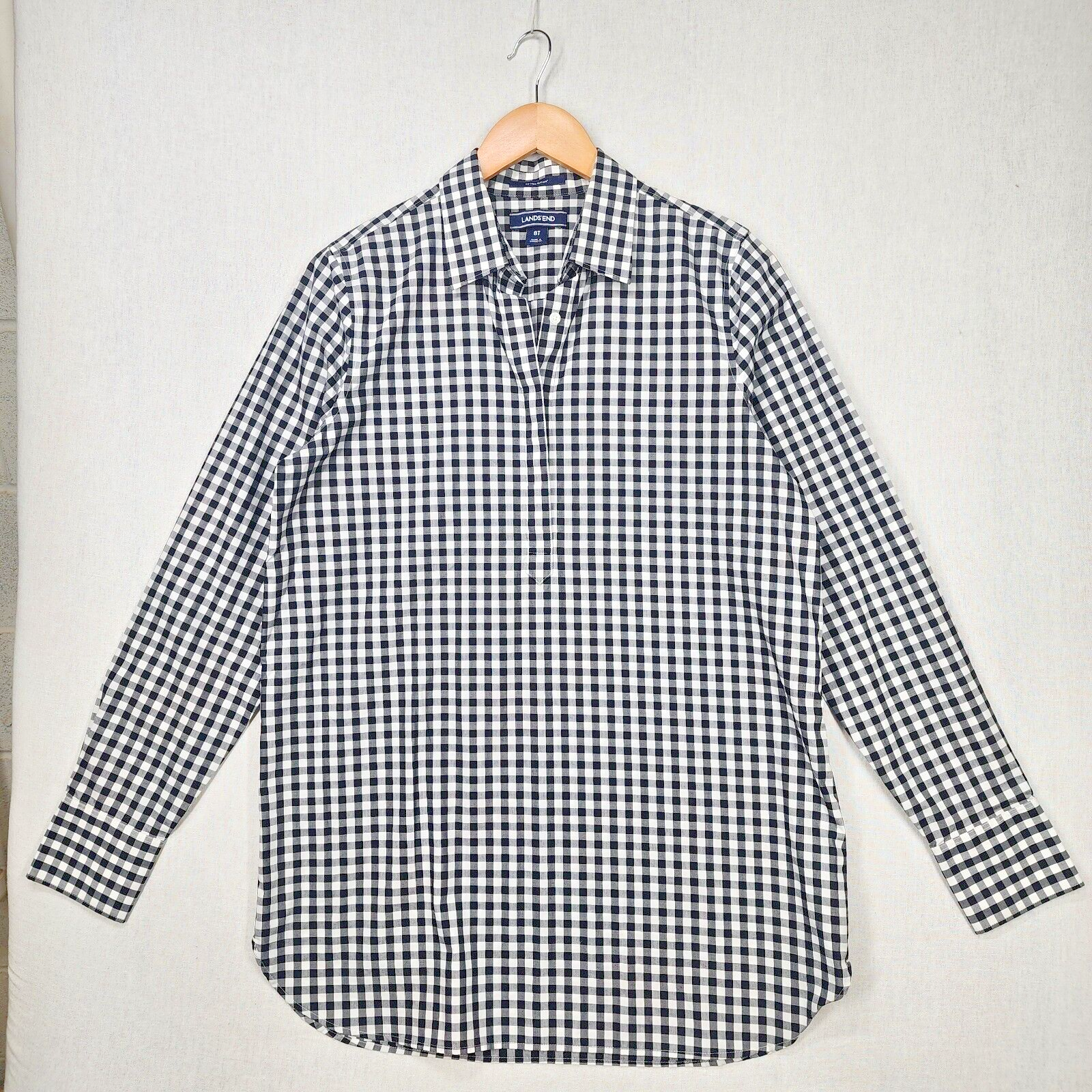 Lands End No Iron Black White Gingham Long Sleeve Button Down Shirt Size 8 Tall Medium