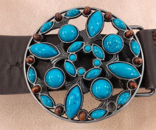 Western Style Leather Belt Turquoise Stones Round Buckle Charity Sale - Picture 4 of 7