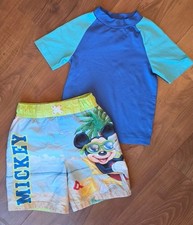 Disney Boys Mickey Mouse swim trunks  J.Khaki rash guard shirt, 2T, 164