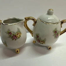 Vtg Enesco Flowers Creamer & Sugar Bowl W/Lid Set Gold Trim  Japan   F10