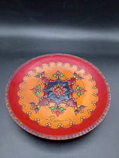 Vintage Hand Carved Wooden Plate Handmade Decorative Colored Art