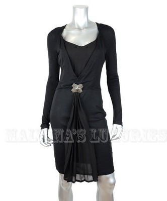JUST CAVALLI BY ROBERTO CAVALLI DRESS BLACK WOOL BLEND PLEAT SKIRT DETAIL SMALL
