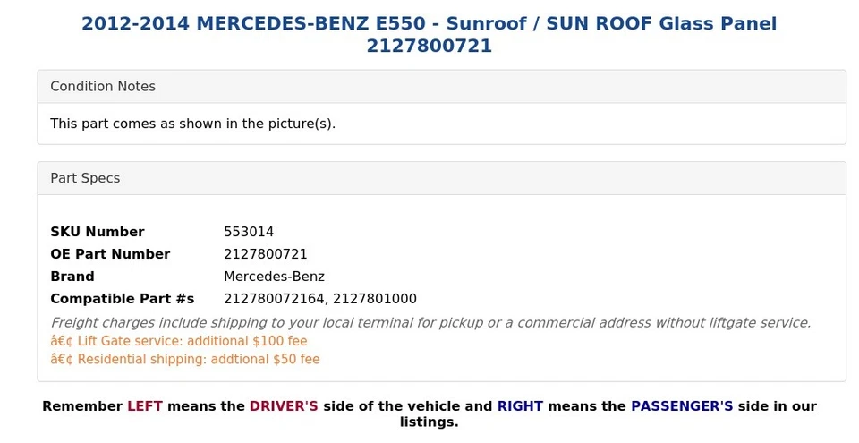 2012-2014 MERCEDES-BENZ E550 - Sunroof / SUN ROOF Glass Panel 2127800721 - Image 4 of 4