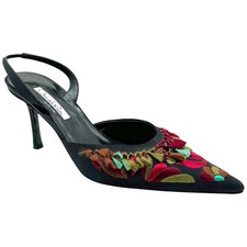 Oscar de la Renta Embroidered Floral Tassle Slingback Heels