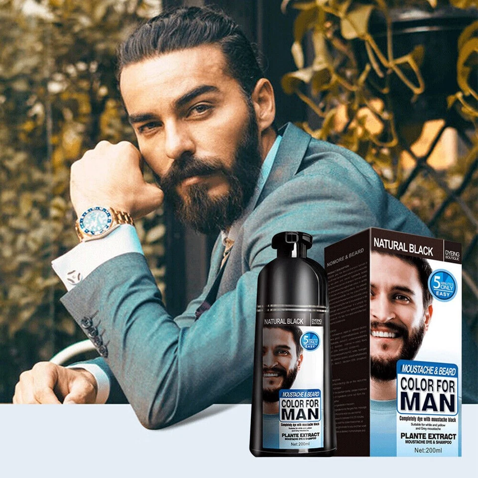 Champú oscurecedor negro bigote tinte tinte cabello barba permanente para hombres 200 ml Foto 4 de 4