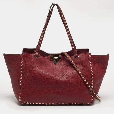 Valentino Rockstud Trapez Medium Red Leather Tote