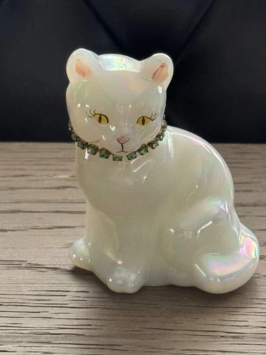 VTG Fenton White Iridescent Opalescent Glass Cat Hand Painted Figurine Signed