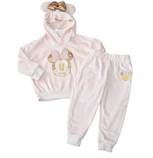 Disney 2t Minnie Mouse Pink Velour Hoodie Top Pants Set Gold Bow Embroidered