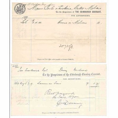 EDINBURGH ABEND COURANT 2 x Werbebelege 1869 & 1873