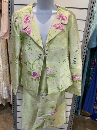 Rickie Freeman For T.J. Nites Womens 2pc Suit Jacket Skirt Green Sz 12