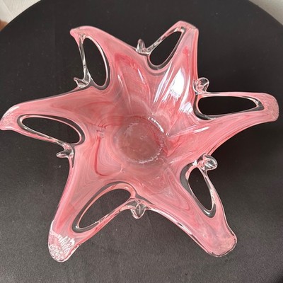 Vintage Pink Murano Linea Astuni Hand Blown Art Glass Bowl with Clear Edges