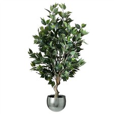 Ficus Artificiale Twist Albero 100cm Foglie Verdi Argento Legno Tronco Fioriera in Vaso