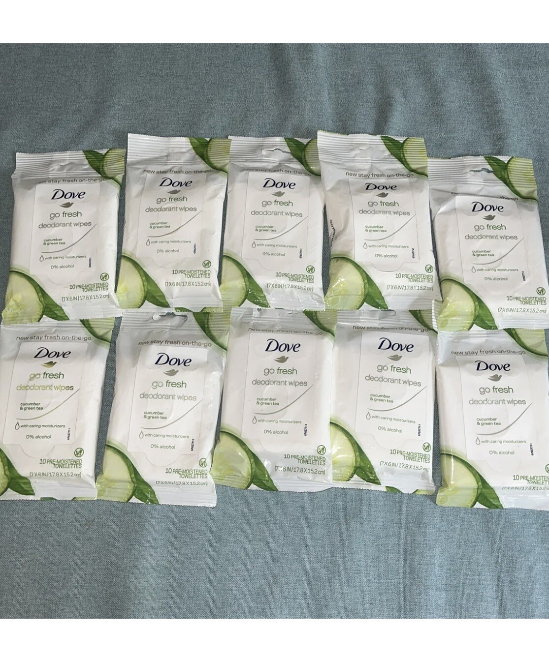 Lot of 10 Dove Go Fresh Deodorant Wipes Cucumber and Green Tea -10 Towelettes Pk